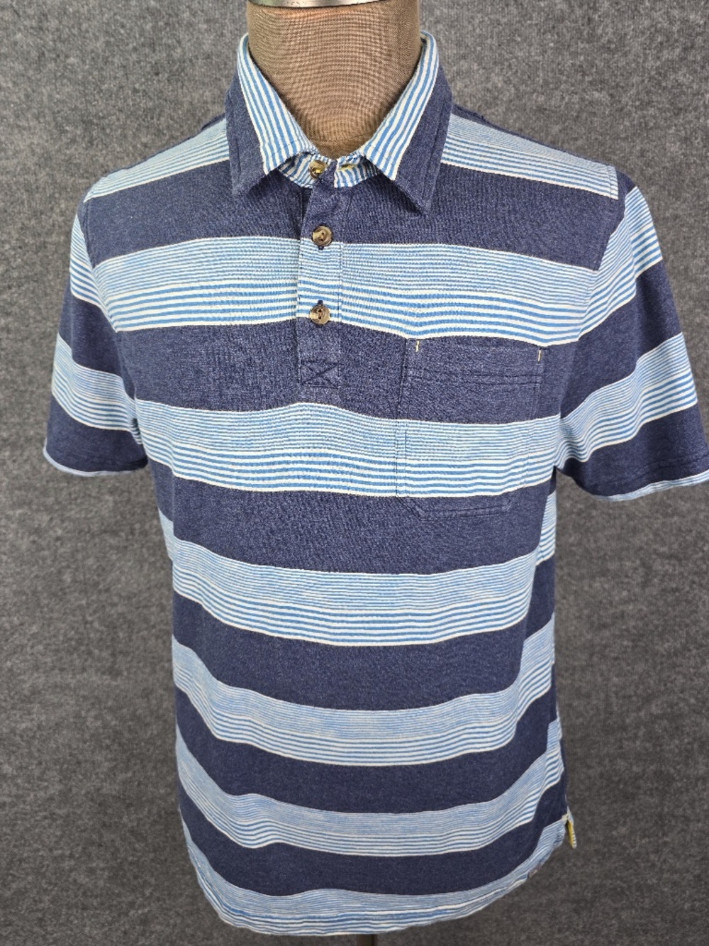 The North Face Men's Brownfield Striped Jersey Polo Shirt Blue White Pocket Size